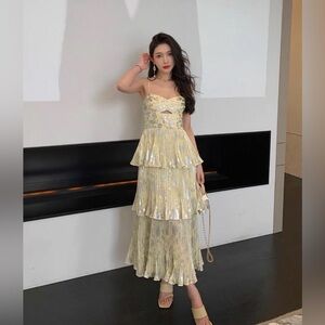 Elegant butter yellow and Silver Layered Dress